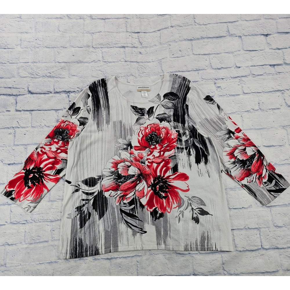 Alfred Dunner Floral Knit Top Womens 1X White Red Black 3/4 Sleeve Rhinestone